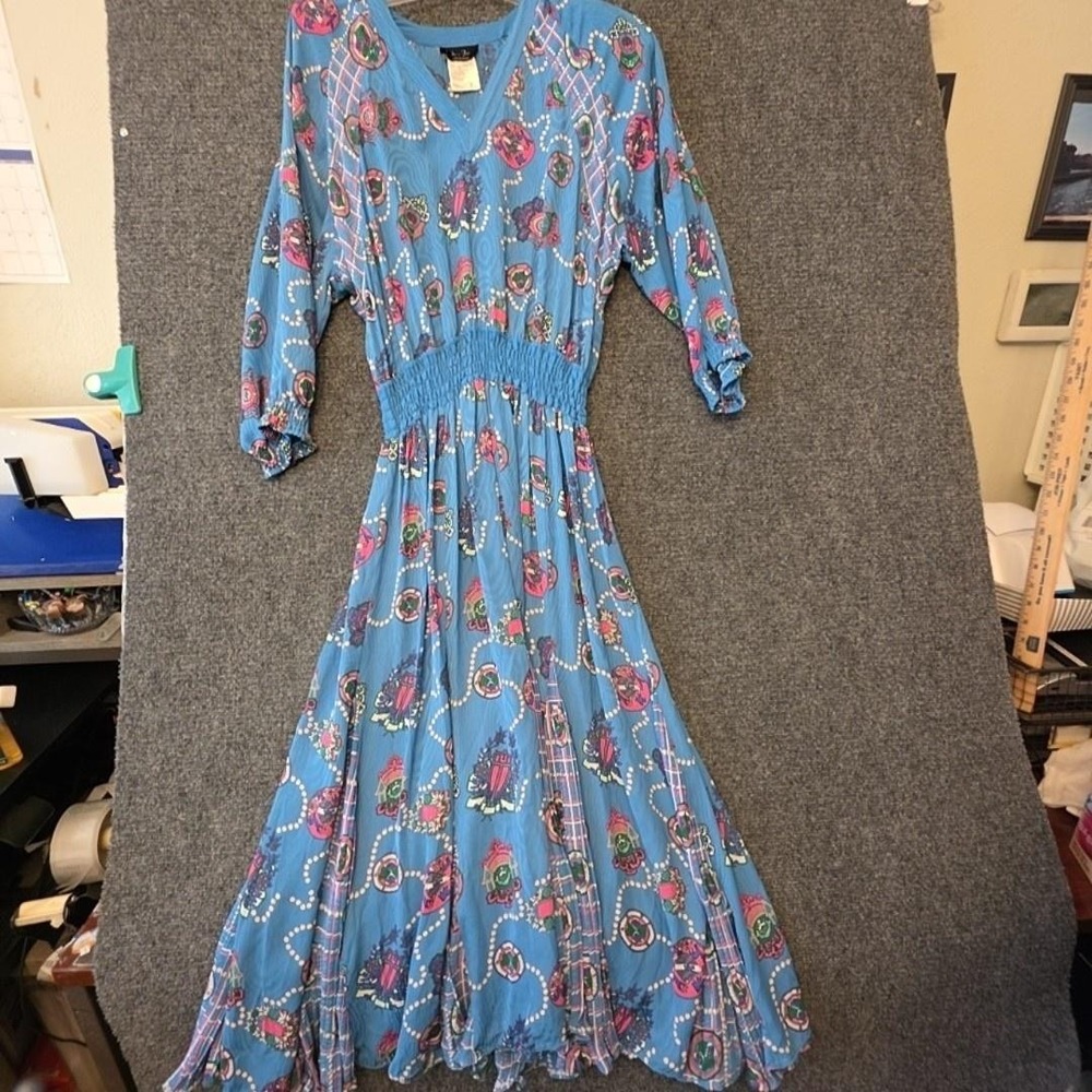 Vintage Diane Freis Dress Womens One Size Blue Geometric Smocked Maxi Boho